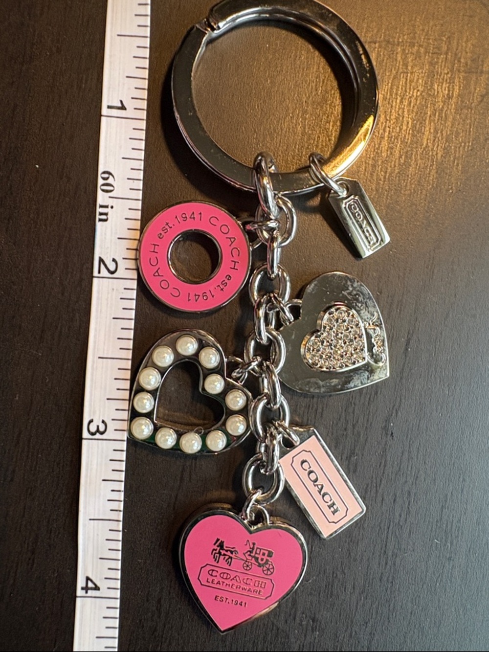 COACH Pink Heart Charm Keychain - Silver Tone Logo Pendant